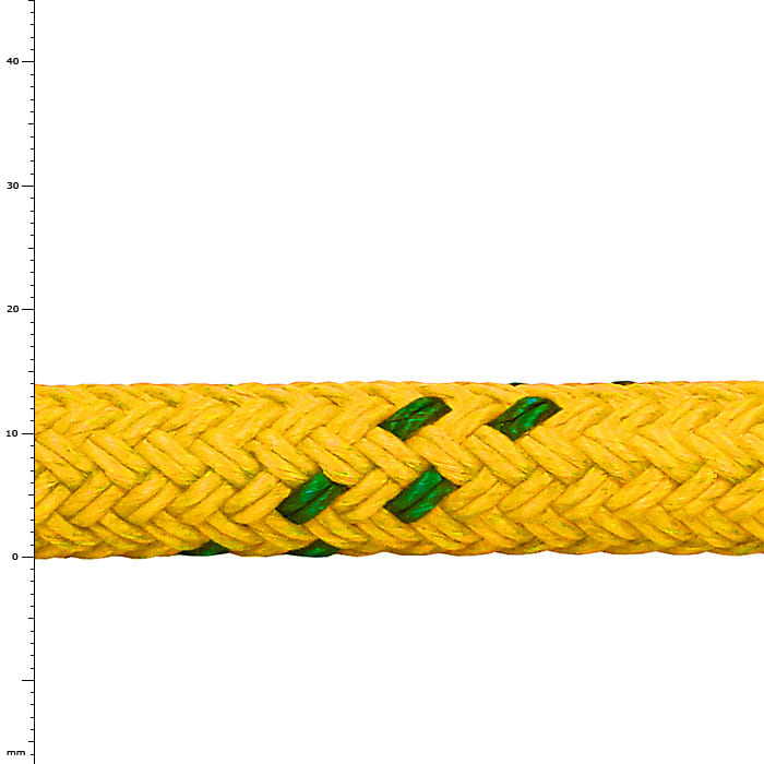 Polydyne 14, corde tressée jaune avec fibres vertes, gros plan