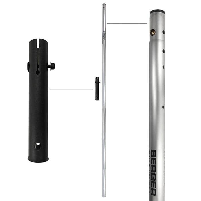 Tube supérieur ArboRapid de Berger, tube long argenté avec plusieurs trous et fixation noire avec vis