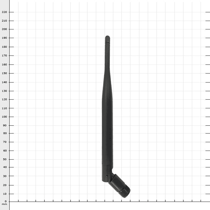 ECC Antenna 19, antenne noire avec articulée en bas, sur fond blanc avec lignes de grille