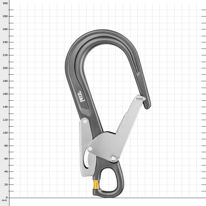 Mousqueton MGO Open 60 de Petzl en noir avec fermoir de sécurité argenté et verrou tournant jaune en bas, dos apparent, sur fond blanc