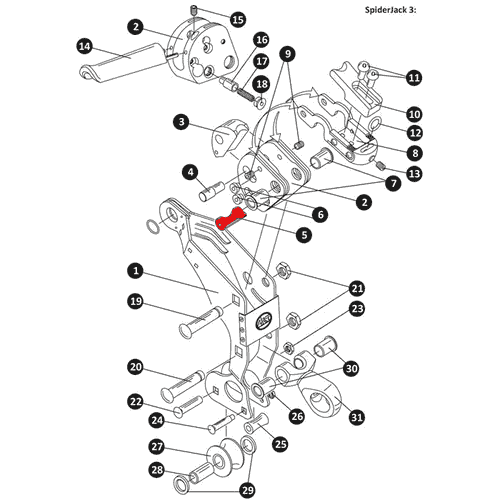 Dessin technique du SpiderJack 3 avec les pièces individuelles numérotées, le boulon d’usure est surligné en rouge et représenté en position centrale dans le mécanisme