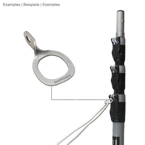 Oeil de mousqueton ArboRapid de Berger, anneau en métal argenté avec petit œillet, attaché à une tige télescopique grise avec poignées noires et corde blanche