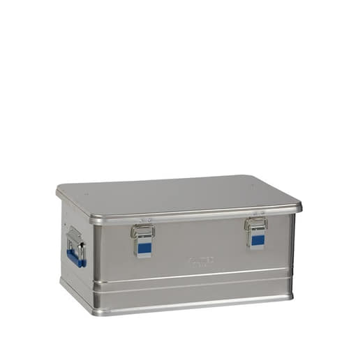 Alubox Comfort 48, boîte fermée en aluminium argenté avec poignées et fermetures bleues