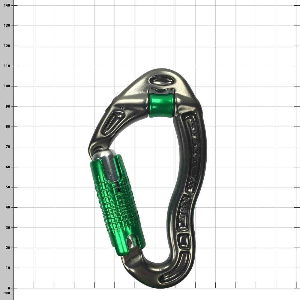 Mousqueton Revolver Safelock de couleur argent et vert avec fermeture à vis et poignée nervurée.