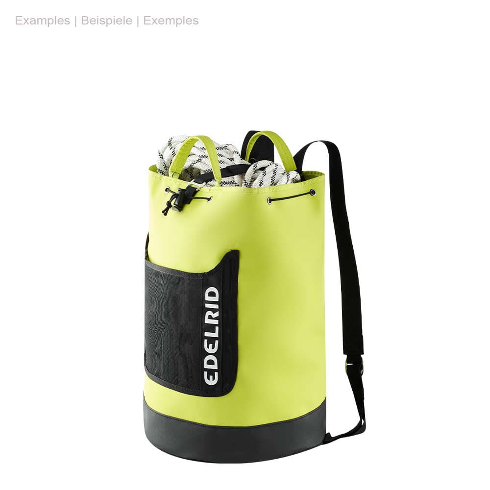 Cask 28 by Edelrid, sac en corde jaune et noir avec cordon de serrage et sac noir avec logo Edelrid blanc, rempli de corde d’escalade blanche