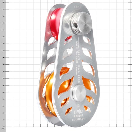 Poulie coupe-feu avec boîtier en métal argenté, poulie orange, fabricant ISC, type RP056A avec inscriptions et bouton de verrouillage