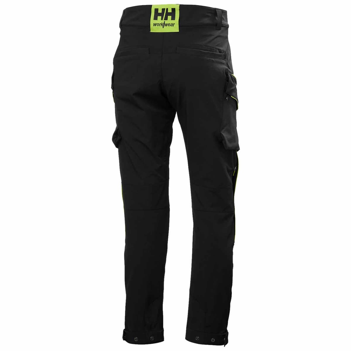 Pantalon cargo Magni Evolution, pantalon de travail noir à l’arrière avec logo HH workwear en lettres vertes sur la ceinture