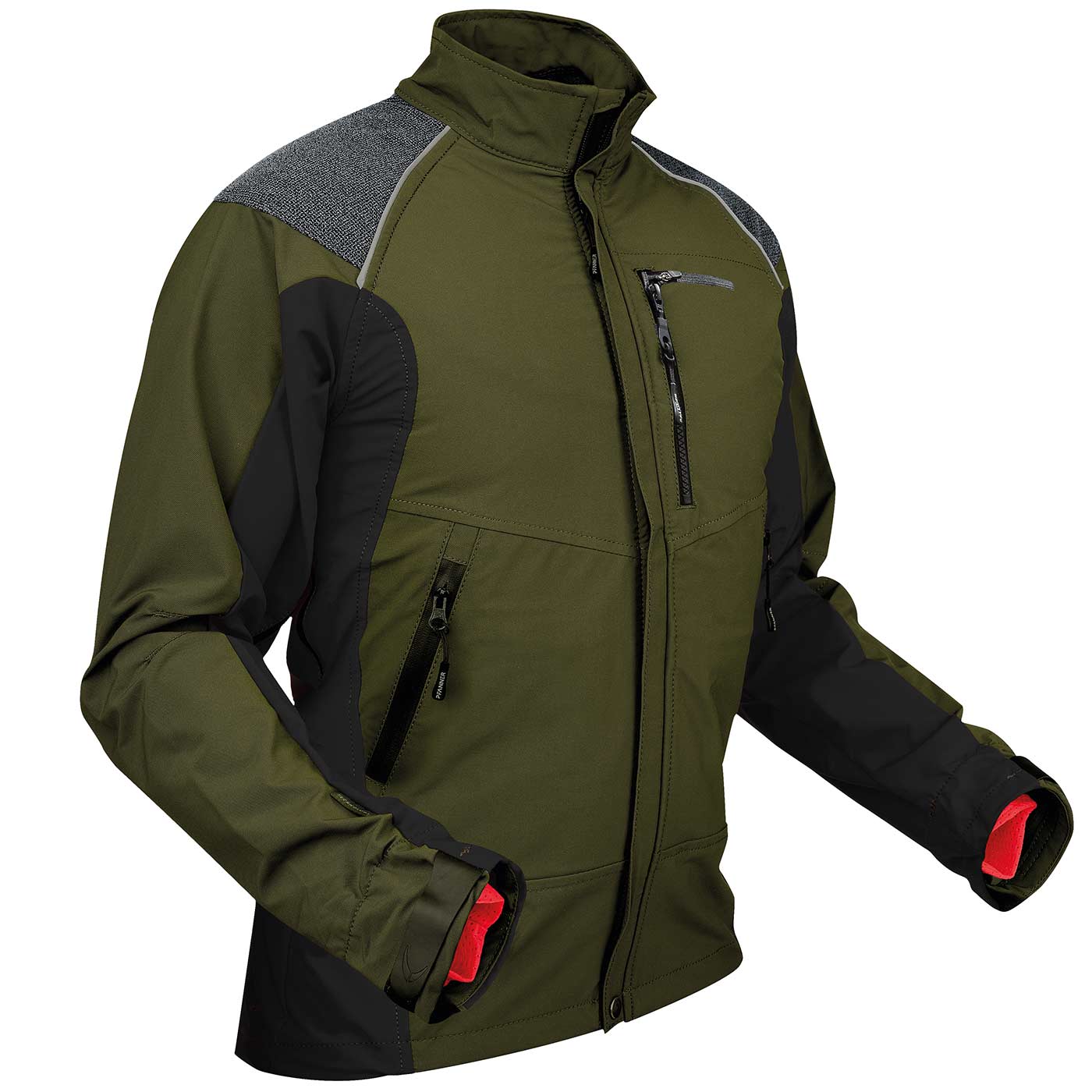 Veste de ventilation en vert olive et noir avec poches zippées et col montant