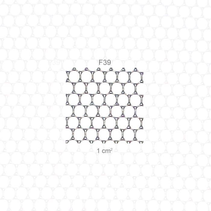 Gros plan sur le treillis fin de la visière PROTOS® Fine F39 avec l’inscription F39 et 1 cm² comme référence de taille