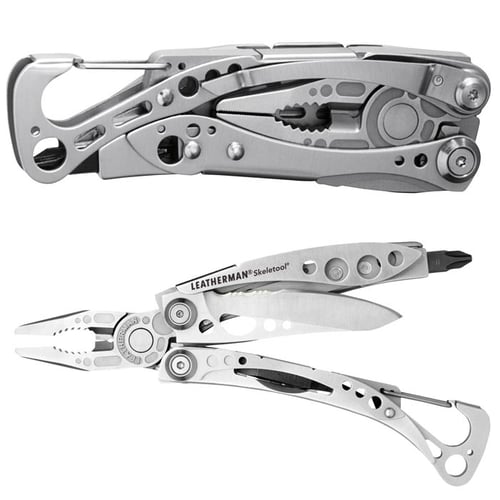 Outil multifonction en métal Leatherman Skeletool, plié et partiellement ouvert avec des outils visibles