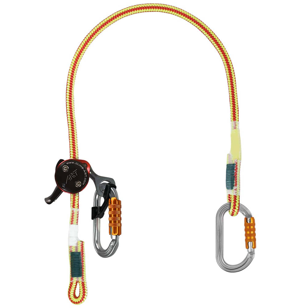 XP-e First Class Set set de via ferrata avec corde jaune-rouge et deux mousquetons, un mousqueton avec fermeture orange et un assureur noir