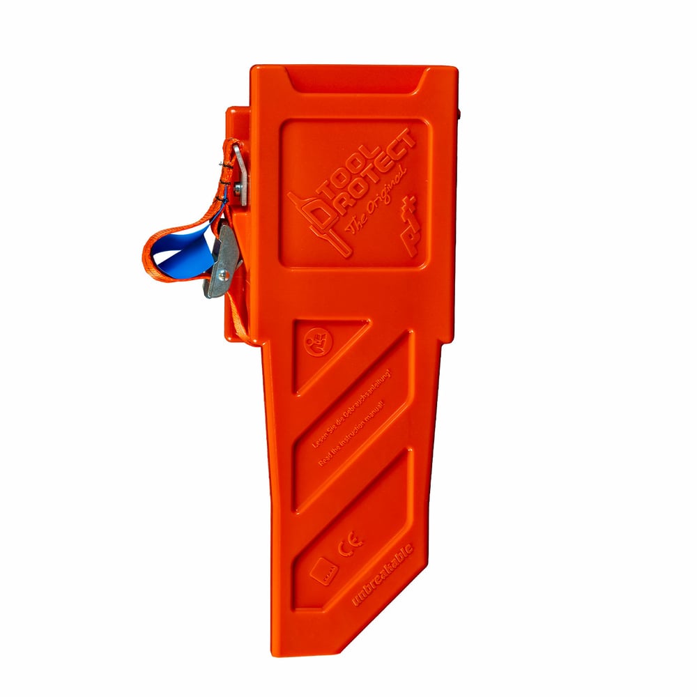 Toolprotect P1+ Pro, boîtier en plastique orange avec lettrage gravé et bracelet bleu orangé