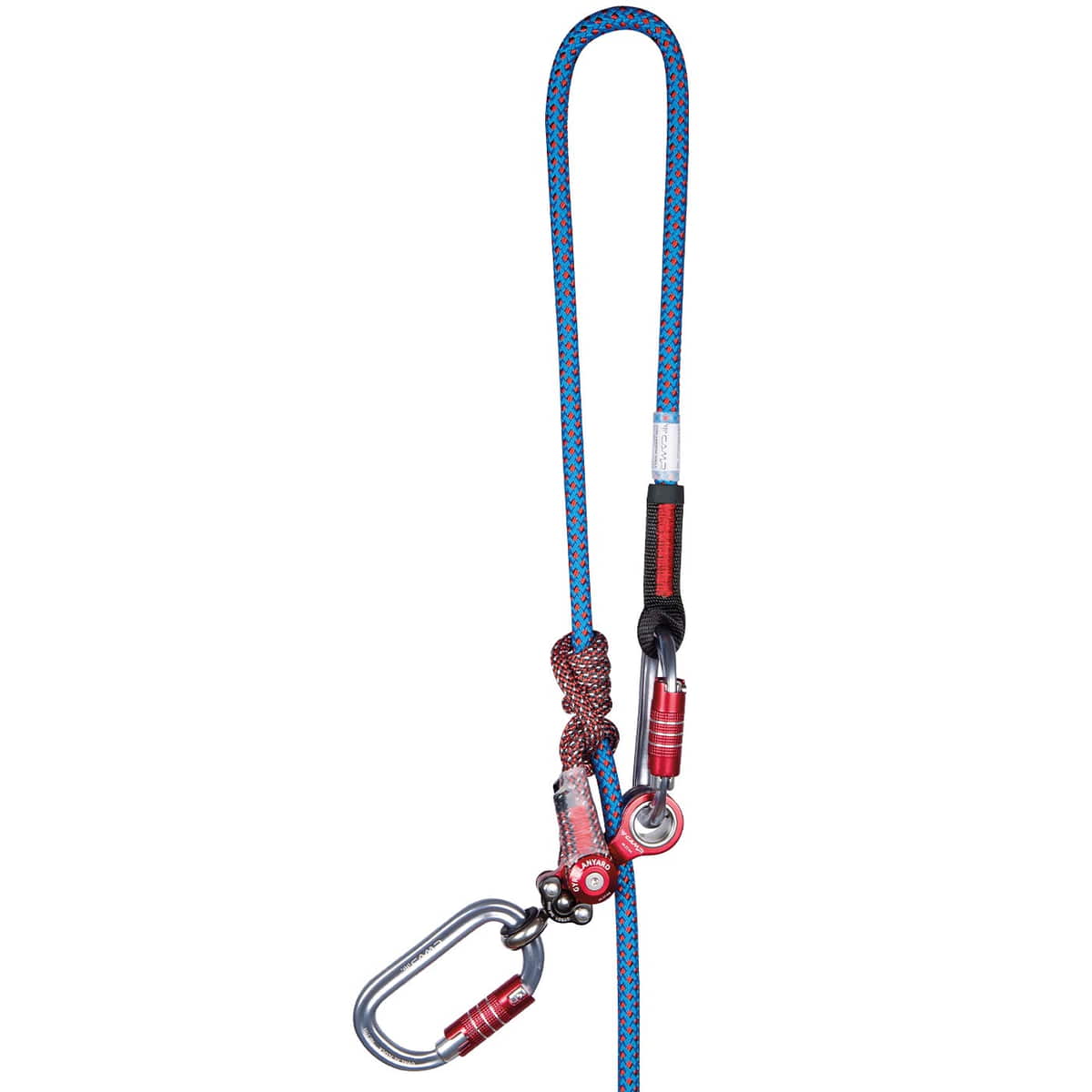 Longe gyroscopique simple, corde d’escalade avec deux mousquetons, corde bleu-rouge, pièces métalliques rouge-argent, gros plan