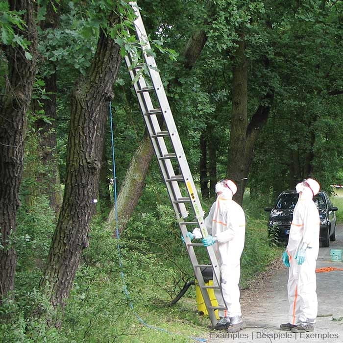 Deux personnes vêtues de combinaisons de protection EPS Guard blanches avec des rayures orange, des gants bleus et des masques de protection se tiennent à côté d’une échelle dans la forêt, des arbres et une voiture peuvent être vus à l’arrière-plan