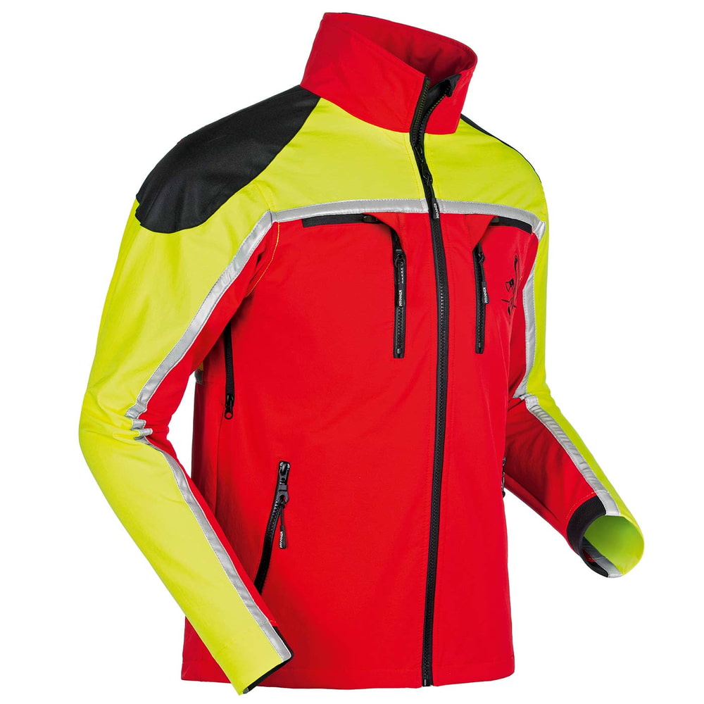 Veste Forest Light en rouge, jaune et noir avec plusieurs poches zippées et col montant