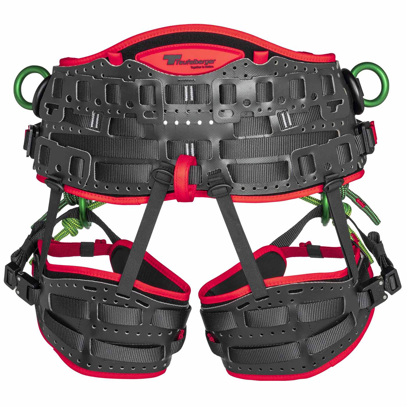 Vue arrière du harnais d’escalade treeMOTION Pro X avec plastique noir, rembourrage rouge et anneaux métalliques verts, fabricant Trufilanger