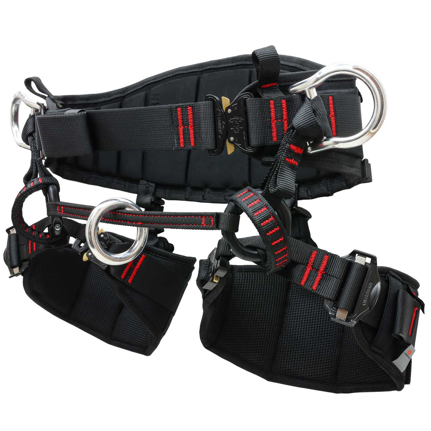 Harnais d’escalade noir treeAustria Pro taille 3 avec coutures rouges, anneaux métalliques et poignets de jambe rembourrés sur le côté