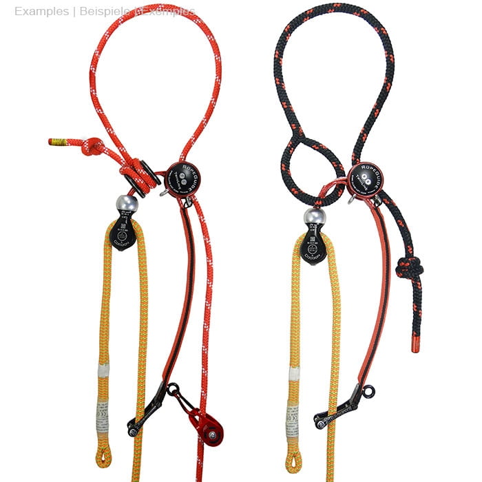 RopeGuide TwinLine avec deux variantes, l’une avec une corde rouge et l’autre avec une corde noire, chacune avec une corde jaune, une partie métallique noire et argentée, une poulie rouge et un mousqueton noir