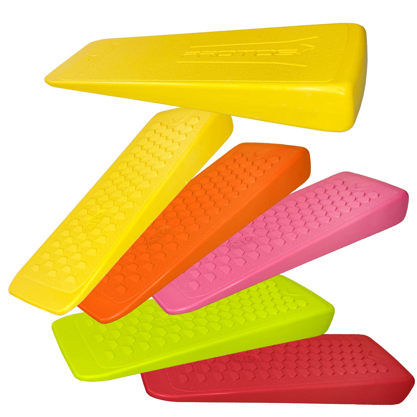 Les cales d’abattage PROTOS® de différentes couleurs jaune, orange, rose, vert et rouge sont superposées, toutes avec une structure hexagonale sur la surface