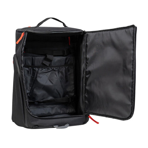 Sac à dos noir ouvert Baby Mule, fabricant non visible, montre l’intérieur avec des bretelles noires et une doublure intérieure lisse