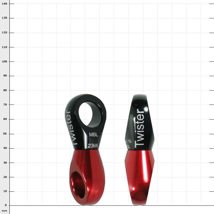 Deux mousquetons Twister, l’un debout et l’autre latéral, rouge et noir avec l’inscription blanche « Twister »