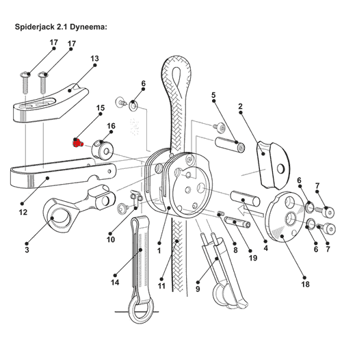 Dessin technique du SpiderJack 2.1 Dyneema avec les pièces individuelles numérotées, y compris la vis de montage rouge pour la bride en position 15, illustrée dans un schéma éclaté