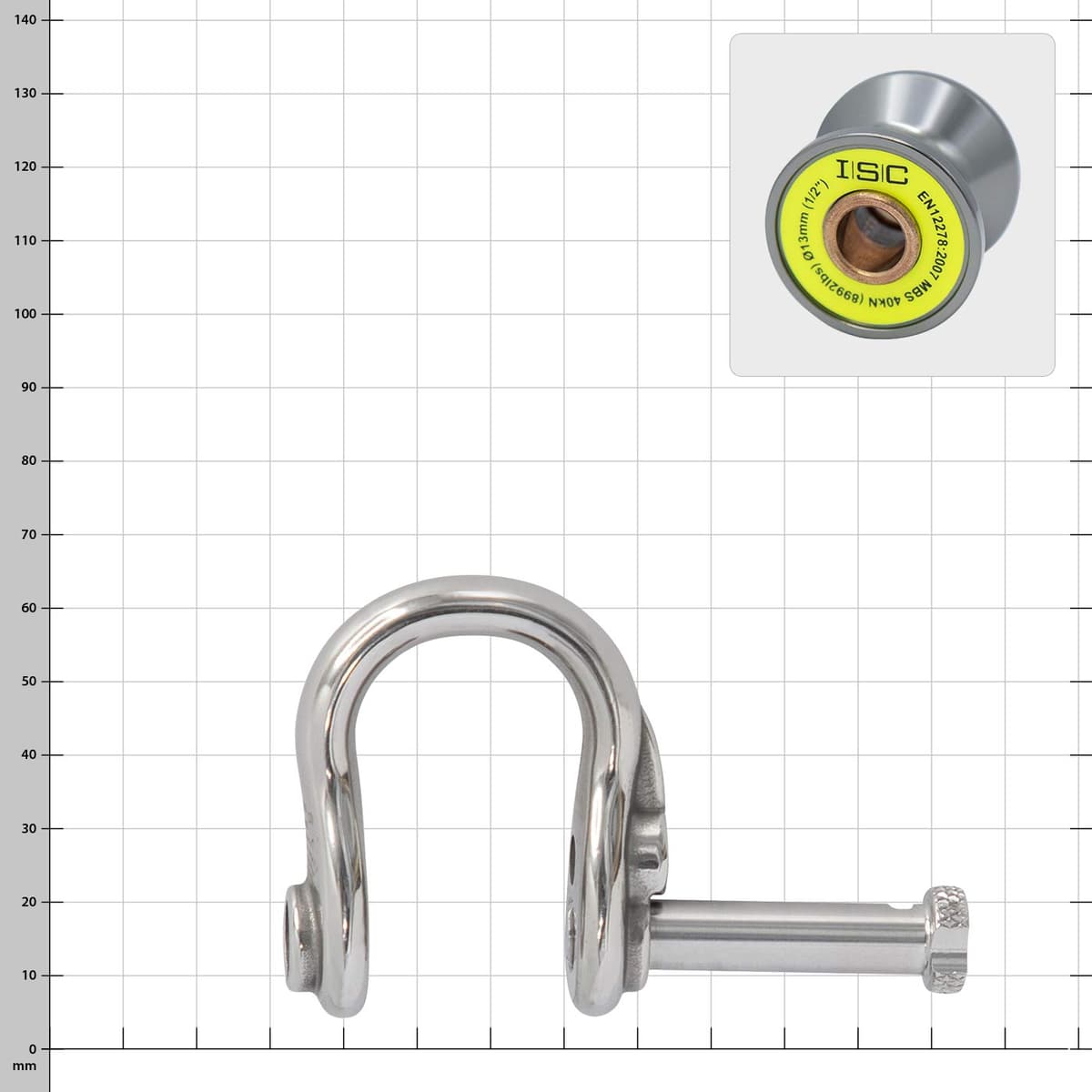 Ultra Link Small d’ISC, une manille argentée dont le boulon a été retiré, à côté un gros plan du rouleau gris en forme de tambour avec un autocollant jaune
