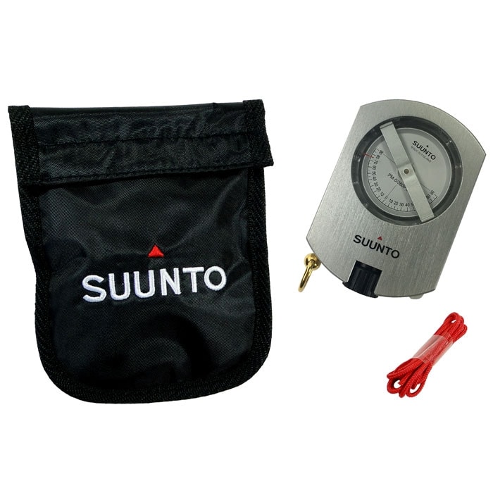 Suunto PM-5/360 Boussole en métal PC, étui de transport en tissu Suunto noir avec lettrage blanc et triangle rouge, corde rouge