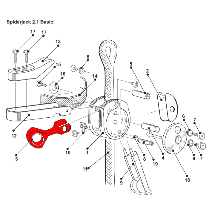 Vue technique éclatée avec pièces numérotées, dont un composant rouge qui pourrait représenter le support de mousqueton Positioner/SpiderJack 2.1