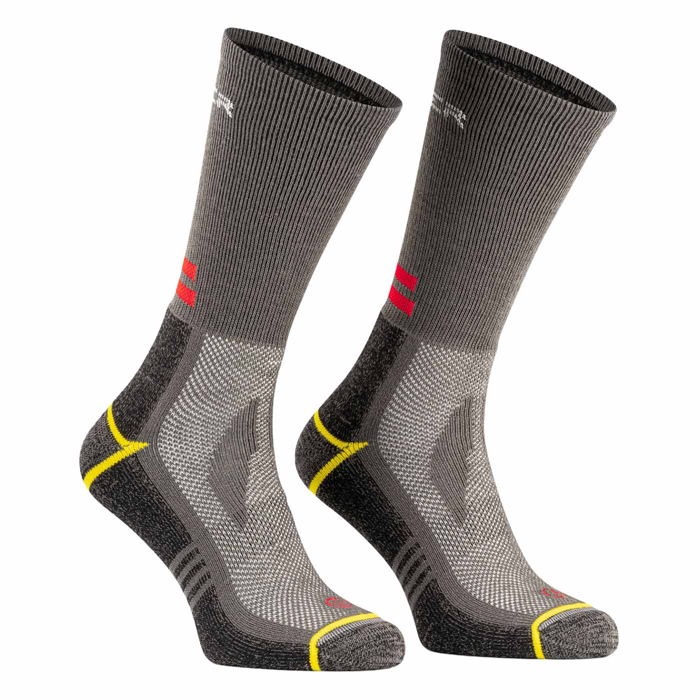Chaussettes de sport d’extérieur EcoDry grises avec des accents jaunes et rouges, paire vue de côté.