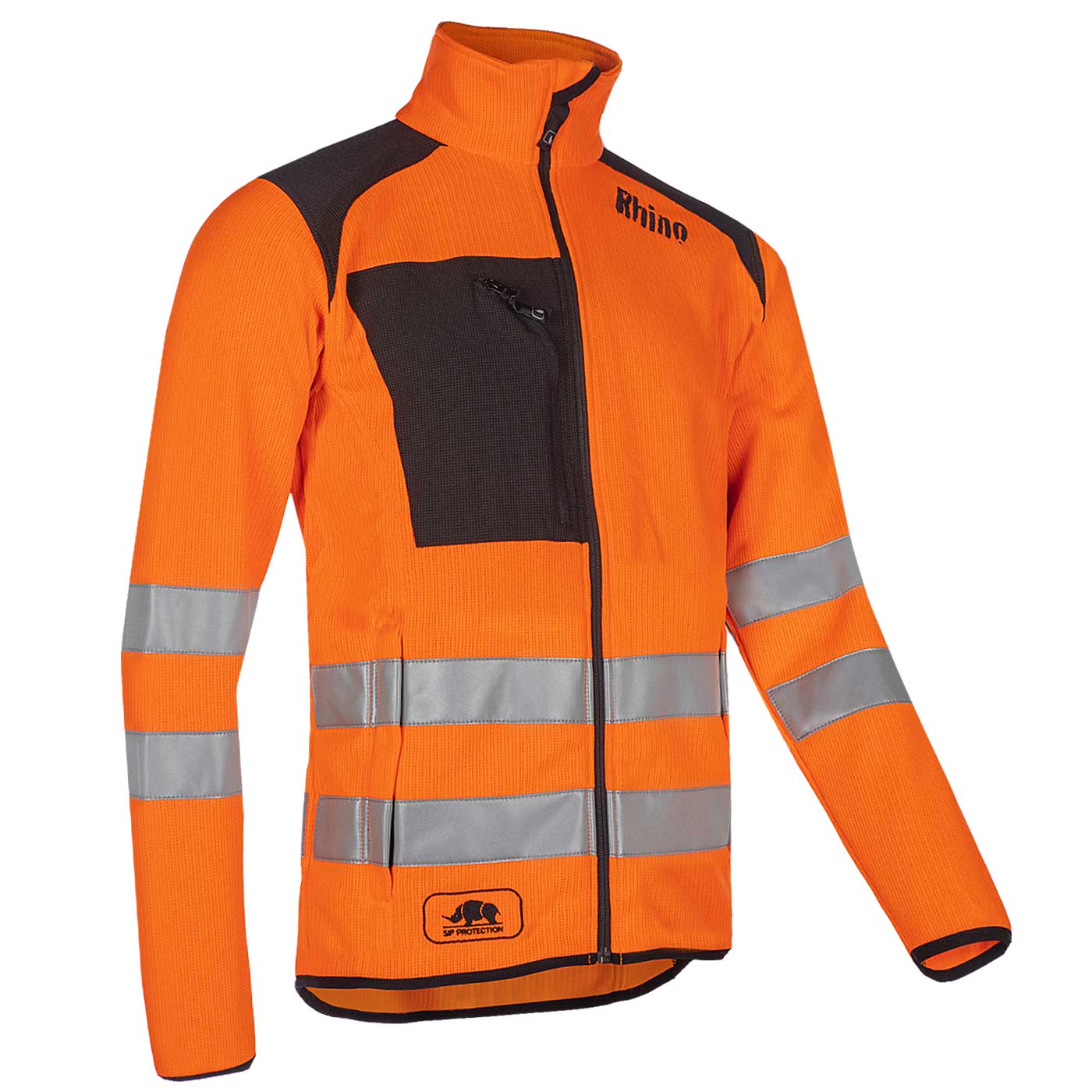 Blouson Tundra Flash en orange avec bandes réfléchissantes, poche poitrine noire et fermeture éclair, fabricant Rhino, type invisible