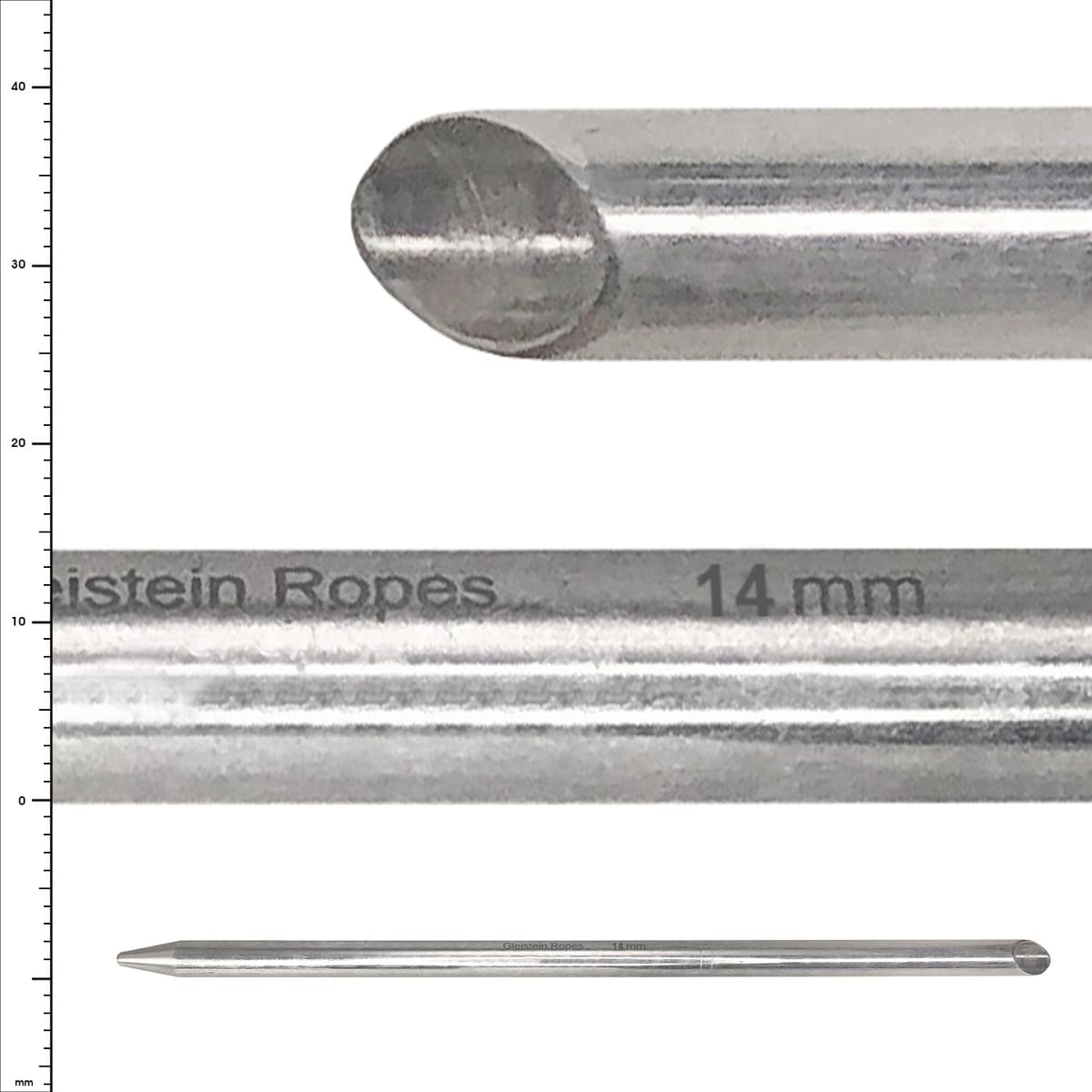 Fid 14 de Glinstein Ropes, une tige métallique cylindrique argentée avec une extrémité pointue et une gravure « 14 mm » sur le côté