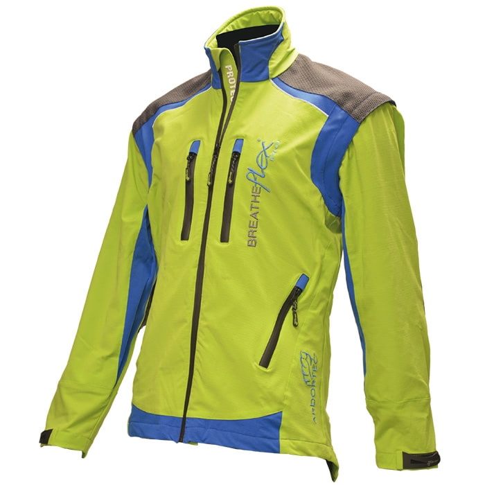 Veste Breatheflex Pro en vert avec des accents bleus et gris, poches zippées apparentes à l’avant et col montant