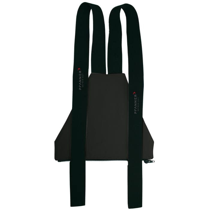 Salopette zippée gris foncé avec bretelles noires, nom du fabricant sur les bretelles en blanc et rouge