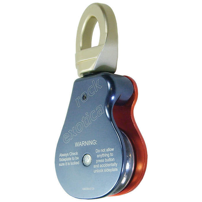 Omniblock 1.5 Single par rock exotica usa, dos de la poulie en bleu et rouge avec grand œillet argenté et avertissements en blanc