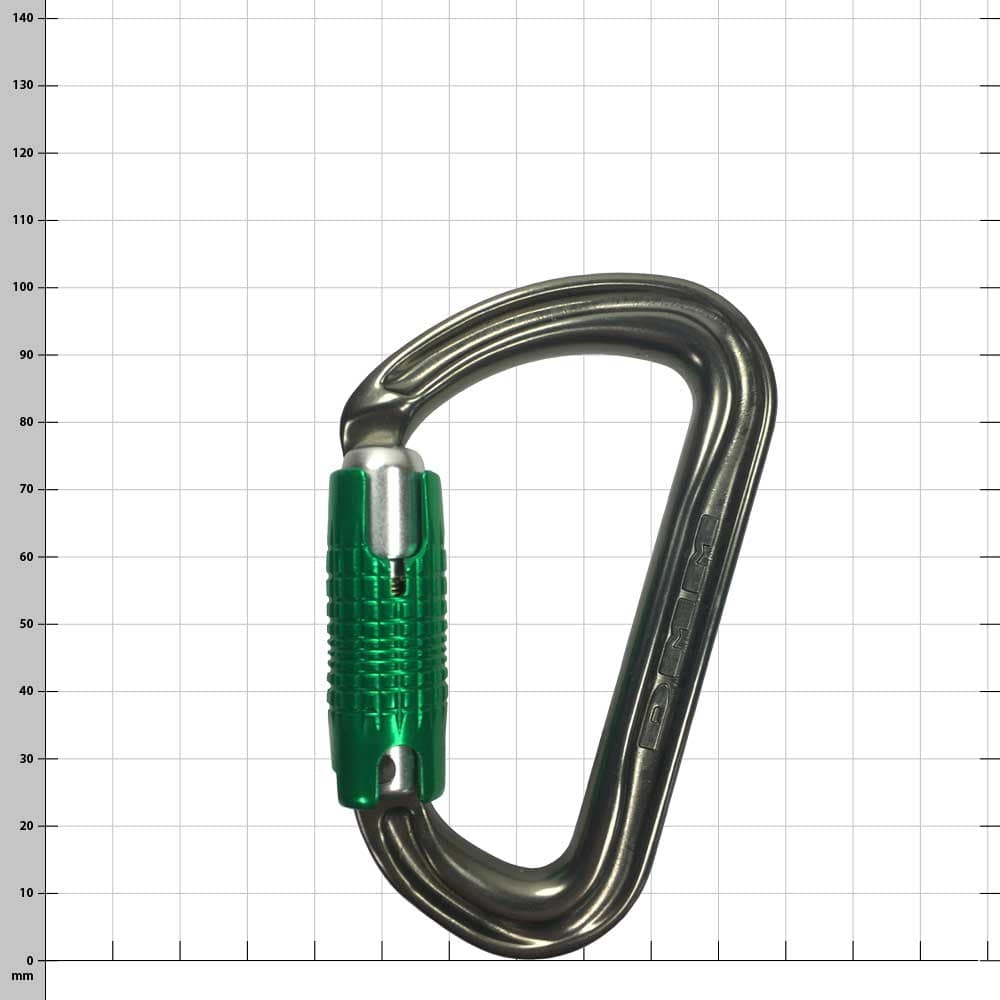 Mousqueton Shadow avec capuchon à vis vert, DMM du fabricant, type non visible sur fond blanc avec grille