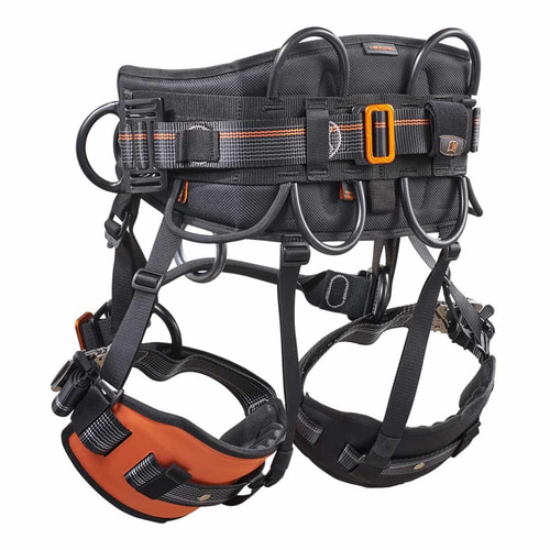 Harnais d’escalade Ignite Arb vue arrière avec ceinture rembourrée, détails orange sur les tours de cuisse, anneaux de fixation noirs et bretelles réglables