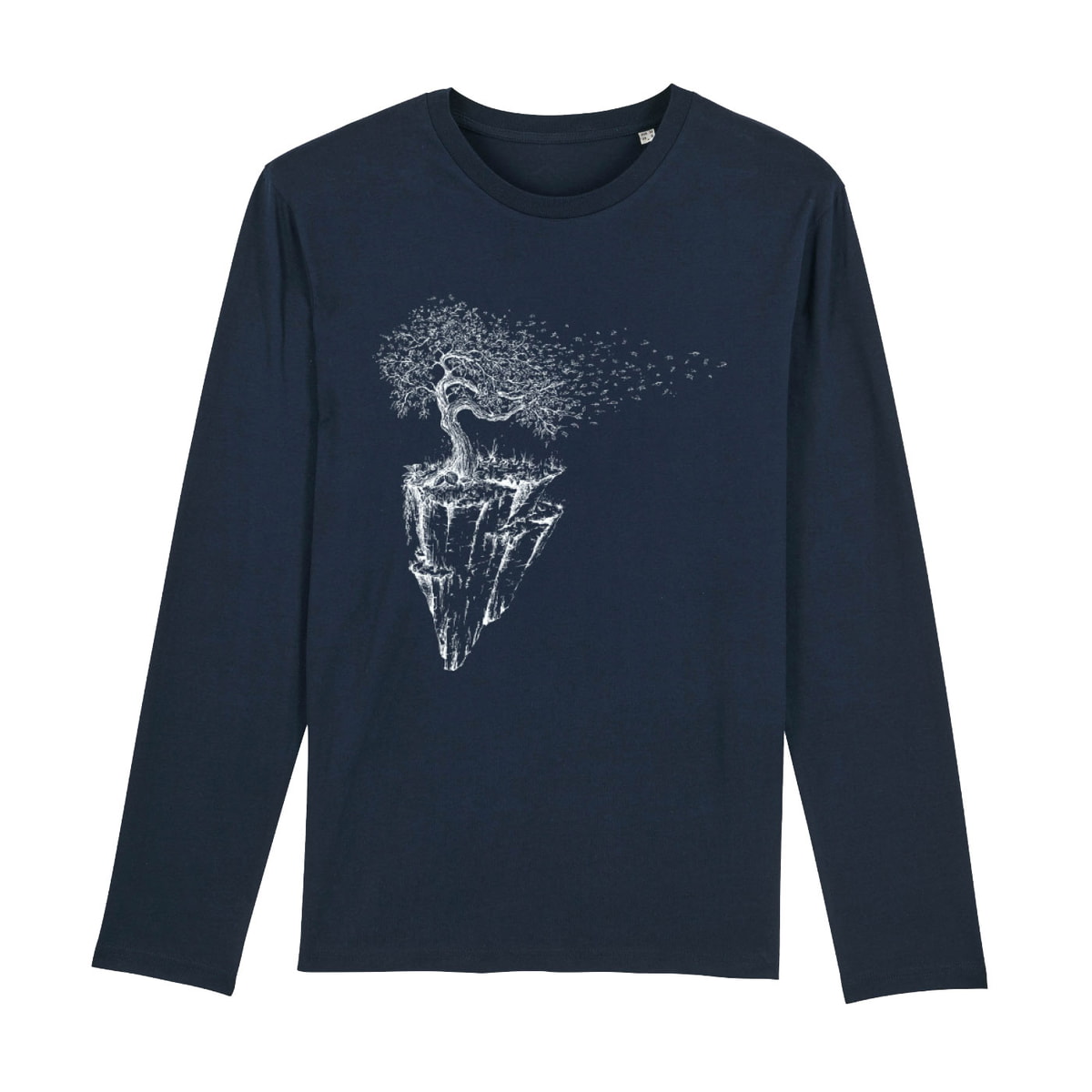Iceland Longsleeve, chemise à manches longues bleu foncé avec motif blanc d’un arbre sur une île rocheuse flottante