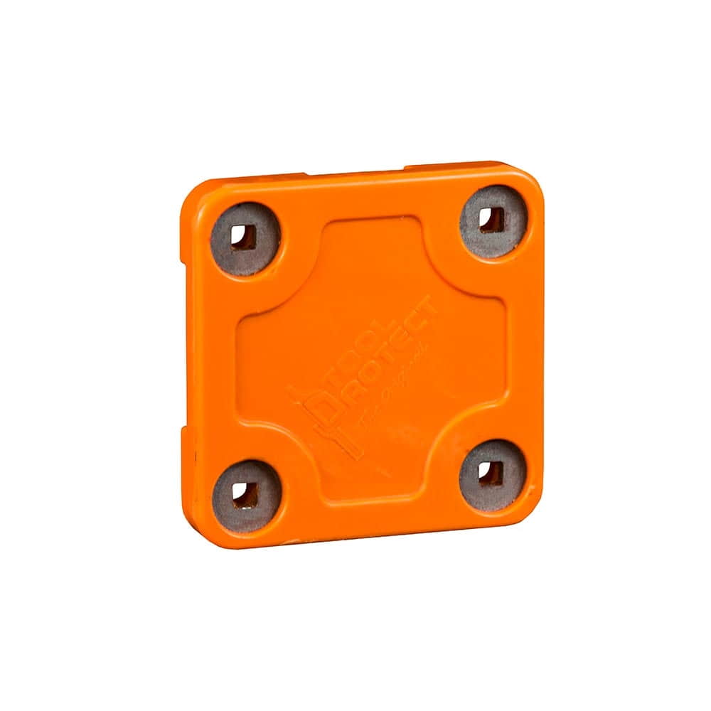 Plaque de montage carrée orange universelle avec quatre renforts métalliques dans les coins, vue de face