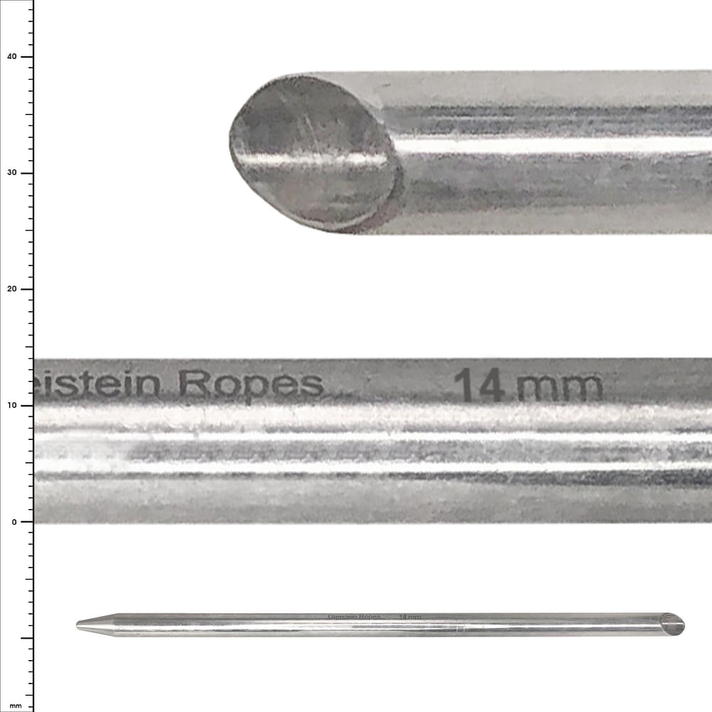 Fid 14 de Glinstein Ropes, une tige métallique cylindrique argentée avec une extrémité pointue et une gravure « 14 mm » sur le côté