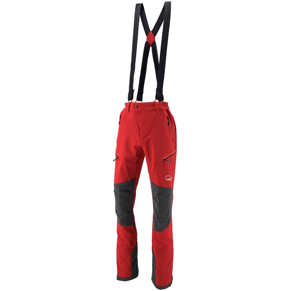 Pantalon Climb Tech Delta d’Arbpro en rouge avec renforts gris aux genoux et aux jambes et fermetures éclair noires, y compris des bretelles noires