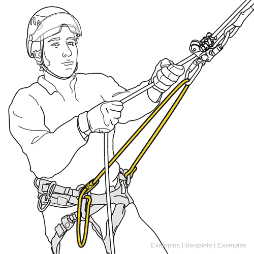 Dessin d’un grimpeur avec Sequoia Bridge Ajuster en jaune sur un harnais et un casque tirant sur une corde