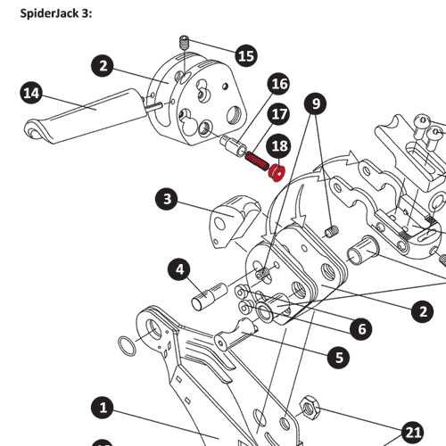 Ressort SpiderJack 3, dessin technique avec éléments numérotés et flèches représentant un assemblage