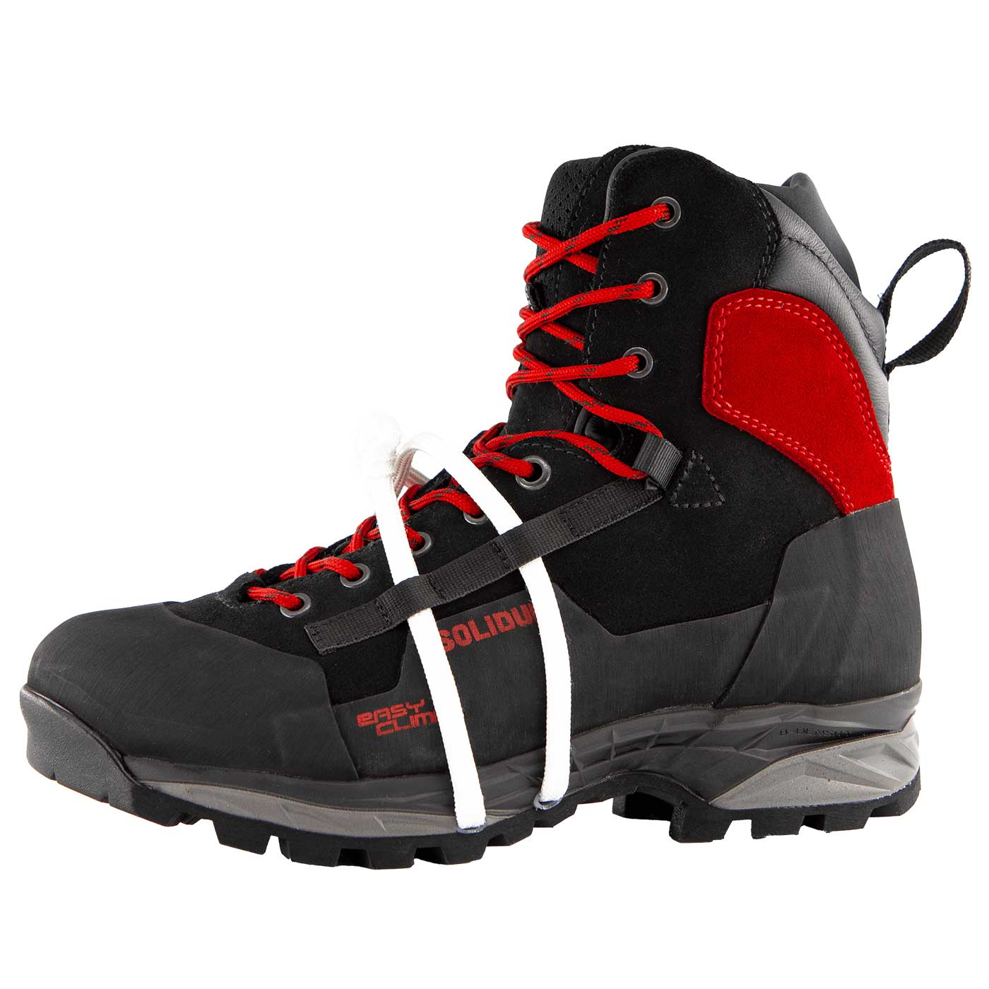 Chaussure d’alpinisme TreeClimb noire avec lacets rouges et talon rouge, vue latérale avec semelle noire et semelle intermédiaire grise