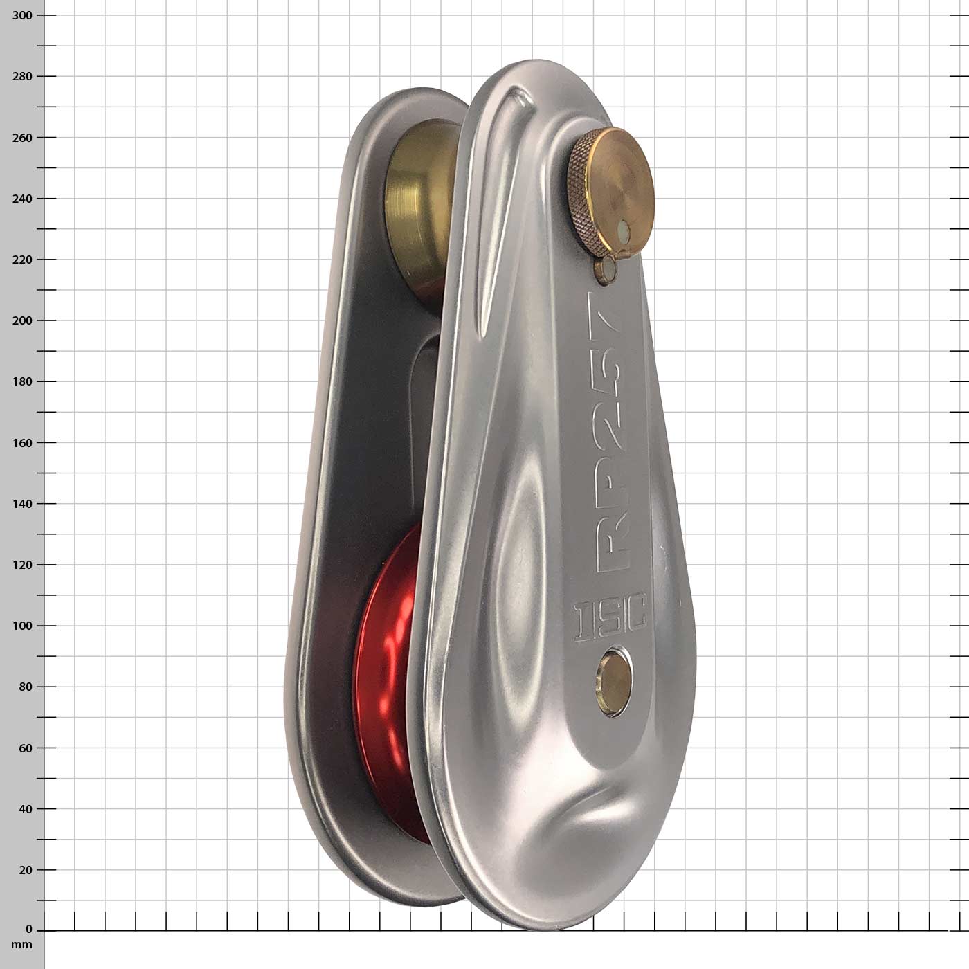 Grande poulie de gréement avec corps en métal argenté, bobine rouge et or, code produit RP257 visible