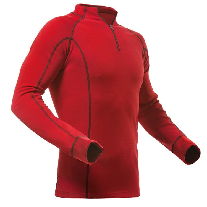 Chemise en modal mérinos à manches longues rouge avec demi-fermeture éclair et coutures foncées