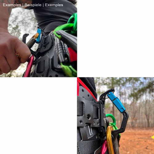 Un homme avec un équipement d’escalade attache un mousqueton échangiste bleu à une ceinture noire avec plus de mousquetons