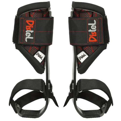 Distel Carbon 3.1 Velcro by Distel, paire d’éperons de via ferrata noirs avec surpiqûres rouges et sangles velcro, photographiés de face