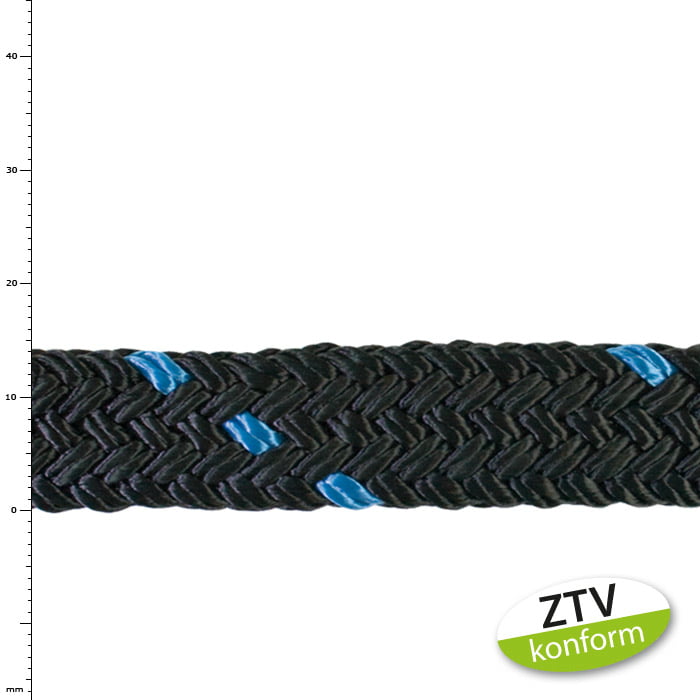 Corde tressée noire avec marquages bleus, nom du produit arbre enregistrer 2 t bleu