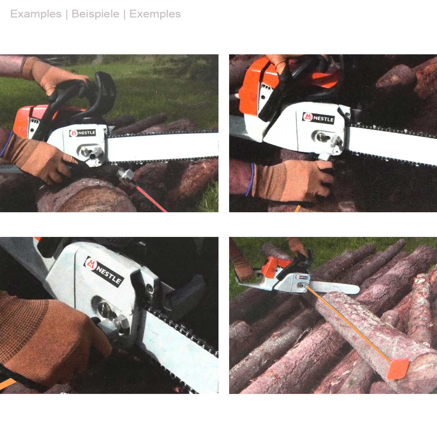 Kolibri Vario, quatre photos avec une tronçonneuse travaillant sur un tronc d’arbre, l’appareil orange est attaché à la tronçonneuse et montre une ligne de mesure sur un tronc en bois